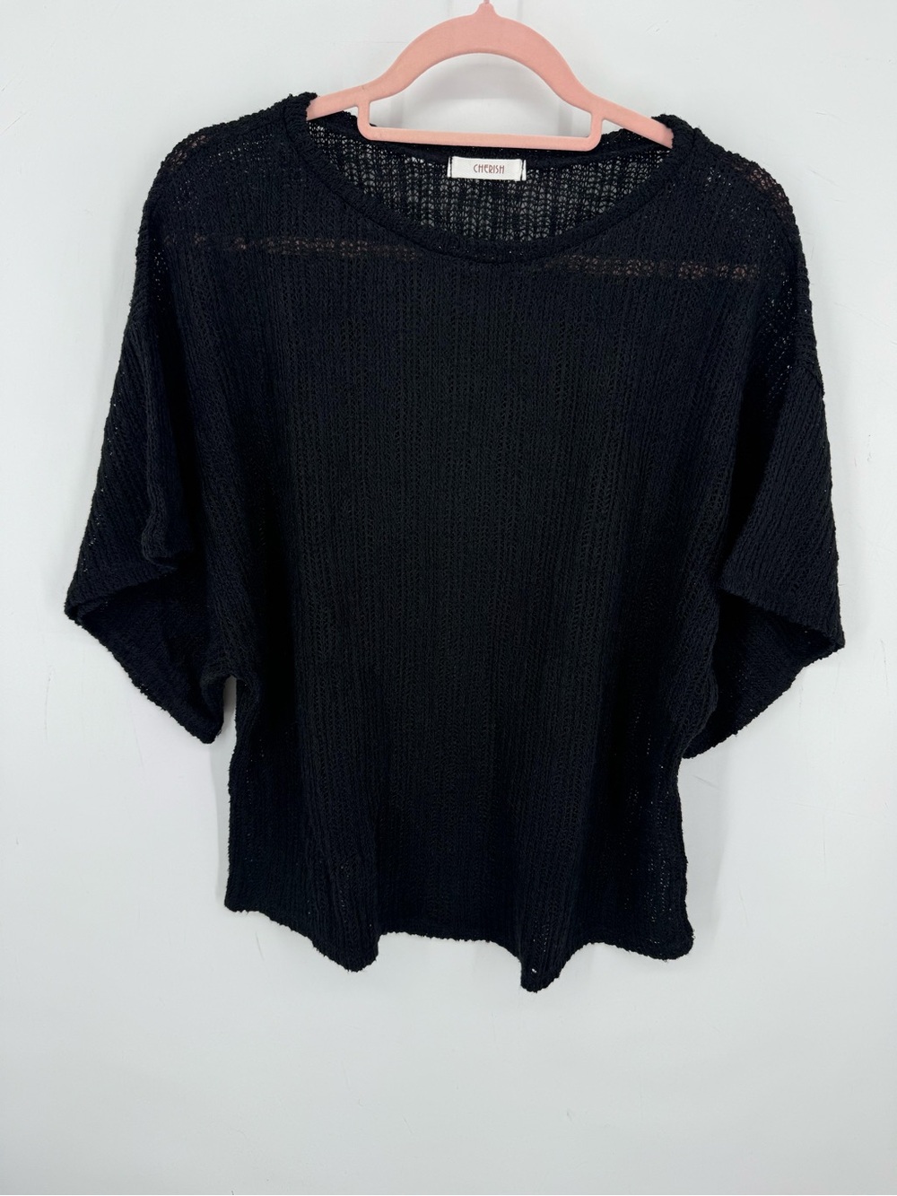 Cherish Boutique Women's Open Knit Black Oversize Short Sleeve Neutral SZ Small